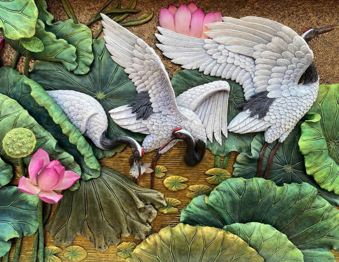 Tranh đắp xi măng sen hạc 3